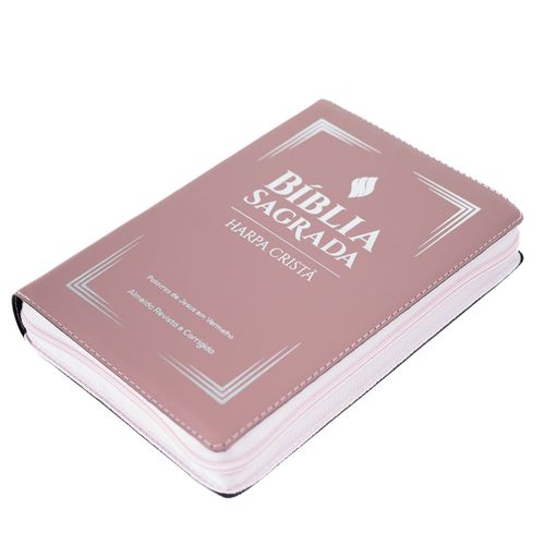 Bíblia Grande Harpa Cristã Zíper Letra Grande Rosa Claro