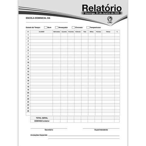 Livro de Relatório para Escola Dominical
